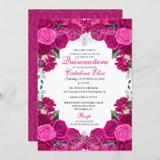 Fuchsia & Silver Floral Quinceanera Geburtstag Einladung