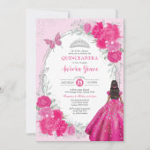 Fuchsia Silver Quinceañera Flower 15th Birthday Einladung (Vorderseite)