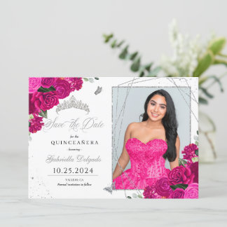 Fuchsia & Silver Quinceañera Save the Date Foto Einladung