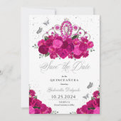 Fuchsia & Silver Tiara Save the Date Quinceañera Einladung (Vorderseite)