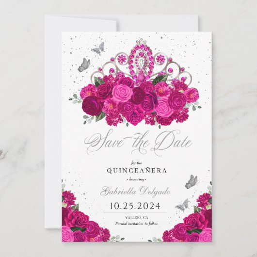Fuchsia & Silver Tiara Save the Date Quinceañera Einladung (Vorderseite)