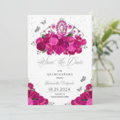 Fuchsia & Silver Tiara Save the Date Quinceañera Einladung (Stehend Vorderseite)