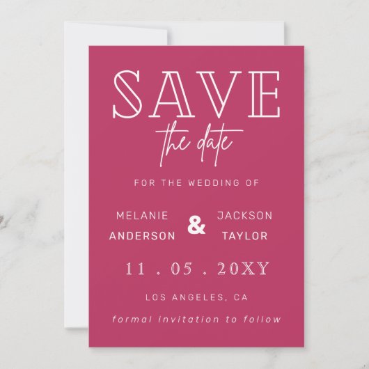 Fuchsia Simple Calligraphy Foto Save the Date (Vorderseite)