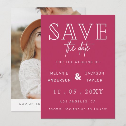 Fuchsia Simple Calligraphy Foto Save the Date (Vorne/Hinten)