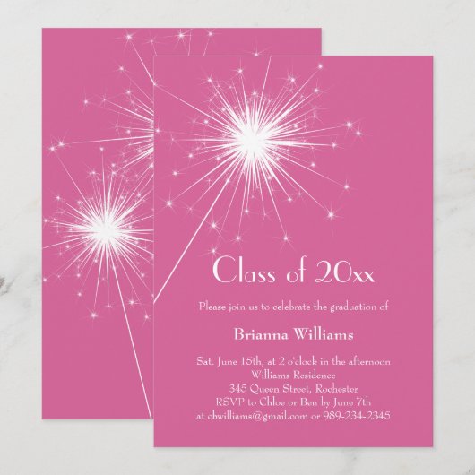 Fuchsia Sparkler Abschluss Einladung (Vorne/Hinten)