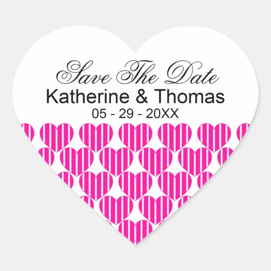 Fuchsia Striped Hearts Save the Date Stickers (Vorderseite)
