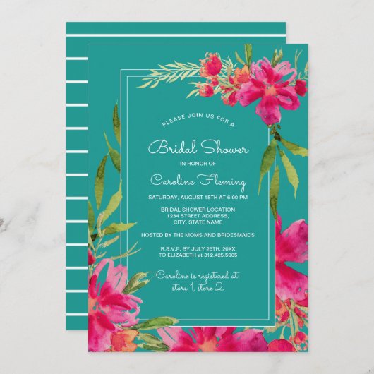 Fuchsia Turquoise Floral Watercolor Brautparty Einladung (Vorne/Hinten)