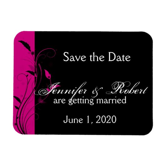 Fuchsia und Black Floral Wedding retten das Datum Magnet (Horizontal)