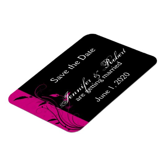 Fuchsia und Black Floral Wedding retten das Datum Magnet (Linke Seite)