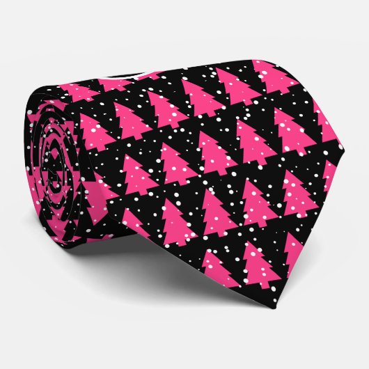 Fuchsia und Black Monogram Christmas Tree Neck Tie Krawatte (Gerollt)