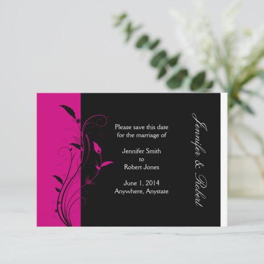 Fuchsia und Black Wedding speichern das Datum Save The Date (Stehend Vorderseite)