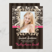Fuchsia und Brown Vintag Damask 16 . Geburtstag Einladung (Vorne/Hinten)