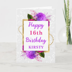 Fuchsia und lila schabige Blumen 16. Geburtstag Karte
