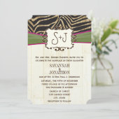 Fuchsia und Olive Barn Wood Zebra Print Wedding Einladung (Stehend Vorderseite)