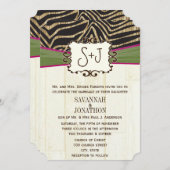 Fuchsia und Olive Barn Wood Zebra Print Wedding Einladung (Vorne/Hinten)