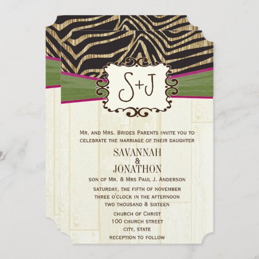 Fuchsia und Olive Barn Wood Zebra Print Wedding Einladung (Vorne/Hinten)