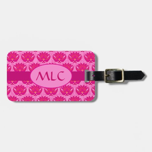 Fuchsia und rosa Art Nouveau Damask Monogramm Gepäckanhänger (Vorderseite horizontal)