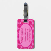 Fuchsia und rosa Art Nouveau Damask Monogramm Gepäckanhänger (Rückseite vertikal)