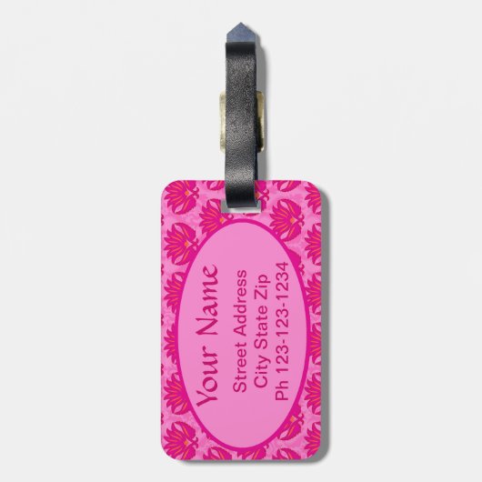 Fuchsia und rosa Art Nouveau Damask Monogramm Gepäckanhänger (Rückseite vertikal)