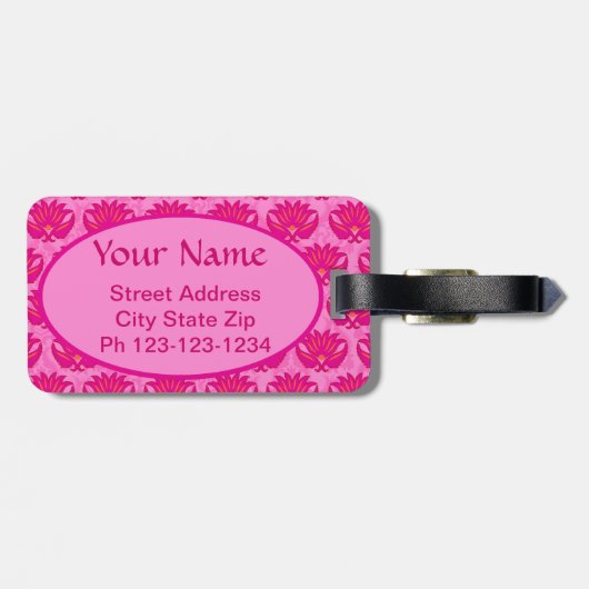 Fuchsia und rosa Art Nouveau Damask Monogramm Gepäckanhänger (Rückseite horizontal)