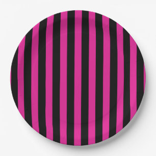 Fuchsia- und schwarze Candy-Streifen Pappteller