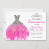 Fuchsia und Silver Glitzer Glam Gown Quinceñera Einladung (Vorderseite)