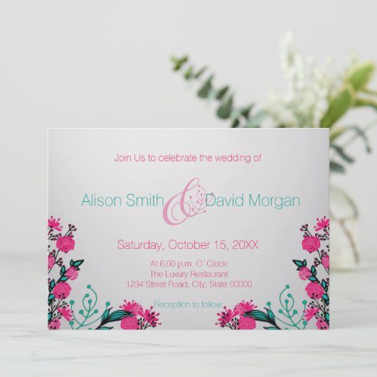 Fuchsia und Türkis Wedding Einladung (Stehend Vorderseite)