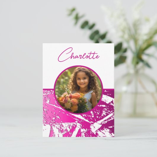 Fuchsia und White Custom Foto mit Name Postkarte (Stehend Vorderseite)