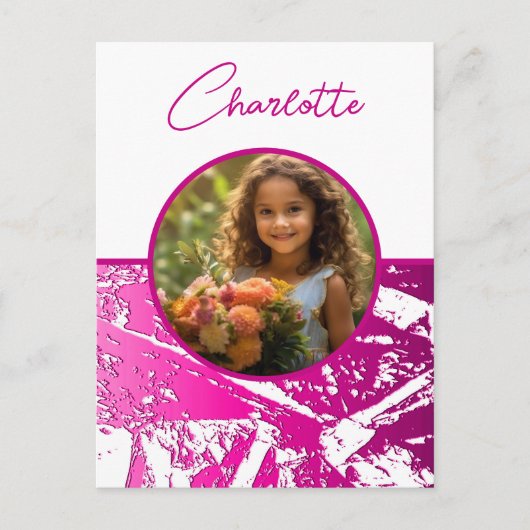 Fuchsia und White Custom Foto mit Name Postkarte (Vorderseite)