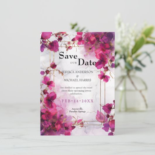 Fuchsia-Verzauberung: Wasserfarbenhochzeit Save The Date (Stehend Vorderseite)