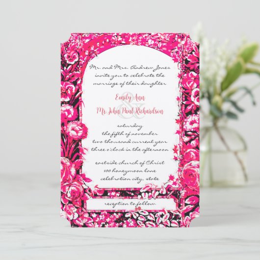 Fuchsia Viktorianische Rose Hochzeitseinladungen Einladung (Stehend Vorderseite)