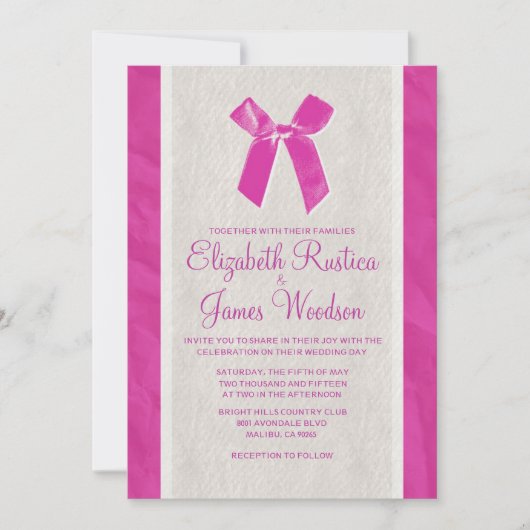 Fuchsia Vintag Bow & Linen Wedding Einladungen (Vorderseite)
