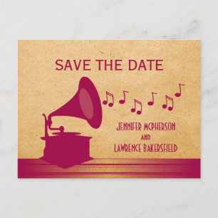 Fuchsia Vintag Gramophon Save the Date Postkarte