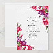 Fuchsia-Wasserfarben-Blütenhochzeit Einladung (Vorne/Hinten)