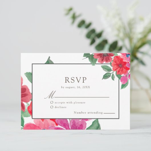 Fuchsia Watercolor Floral Wedding RSVP (Stehend Vorderseite)
