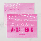 Fuchsia Watercolor String Lights Save the Date Ankündigungspostkarte (Vorne/Hinten)