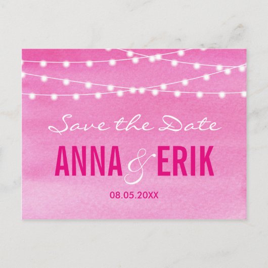 Fuchsia Watercolor String Lights Save the Date Ankündigungspostkarte (Vorderseite)