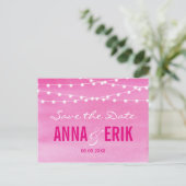 Fuchsia Watercolor String Lights Save the Date Ankündigungspostkarte (Stehend Vorderseite)