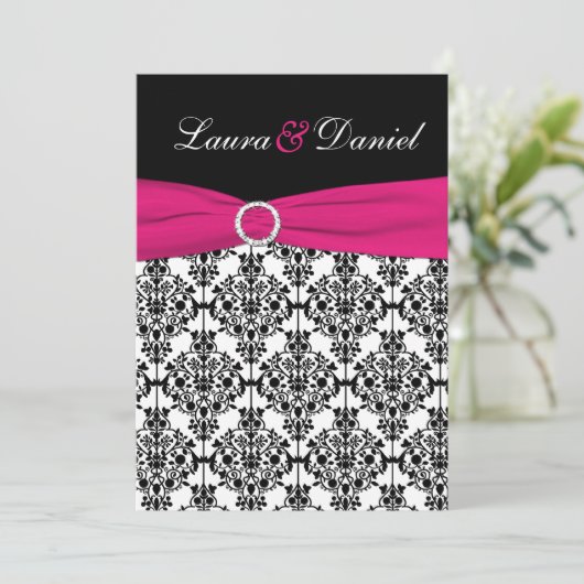 Fuchsia, White, Black Damask Einladung (Stehend Vorderseite)