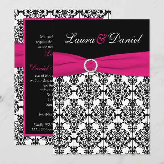 Fuchsia, White, Black Damask Einladung (Vorne/Hinten)