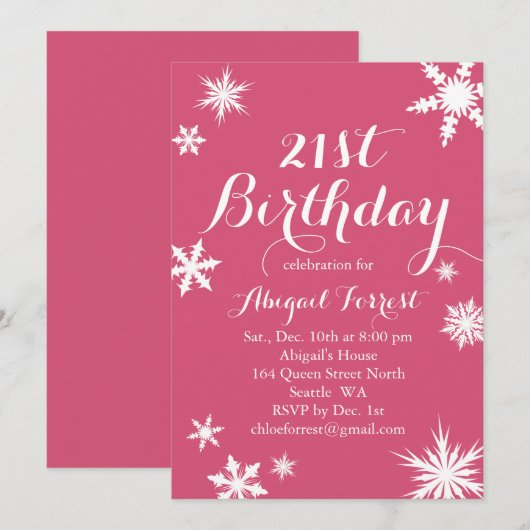 Fuchsia Winter 21. Geburtstag Einladung (Vorne/Hinten)