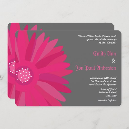 Fuchsia zu Graue Gerber Daisy Wedding Einladung (Vorne/Hinten)