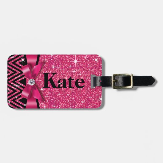 Fuchsie des Glitzer Zickzack Bling Diamant-Bogens Gepäckanhänger (Vorderseite horizontal)