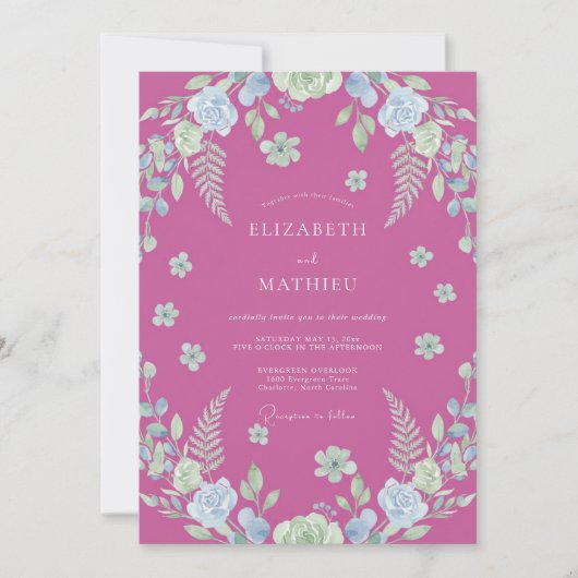 Fuchsien-Hochzeit mit Farnblättern Einladung (Vorderseite)
