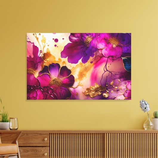 Fuchsien, Lila und goldene florale Kunst Leinwanddruck (Insitu (Wohnzimmer))