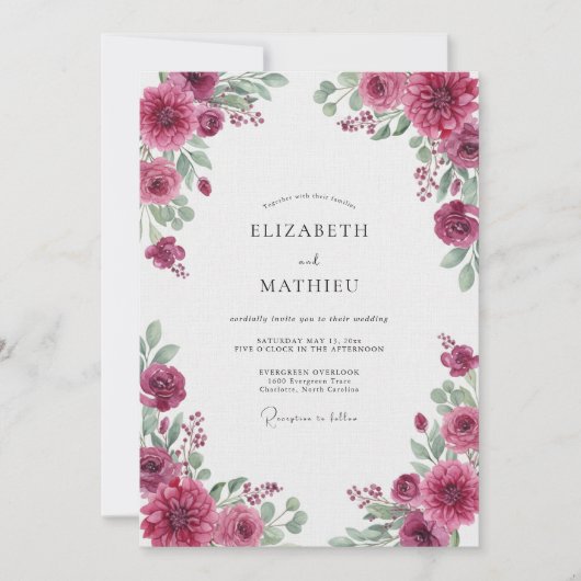 Fuchsien-Ranunculus-Eukalyptus-Hochzeit Einladung (Vorderseite)