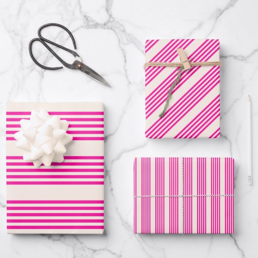 Fuchsien und Beige mit fünf Streifen Geschenkpapier Set (Vorderseite)