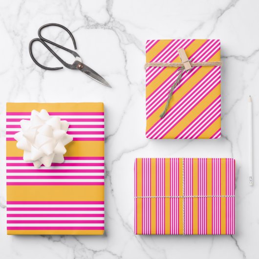 Fuchsien und gelbe fünf Streifen Muster Geschenkpapier Set (Vorderseite)