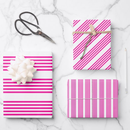 Fuchsien und weiße fünf Streifen Muster Geschenkpapier Set (Vorderseite)