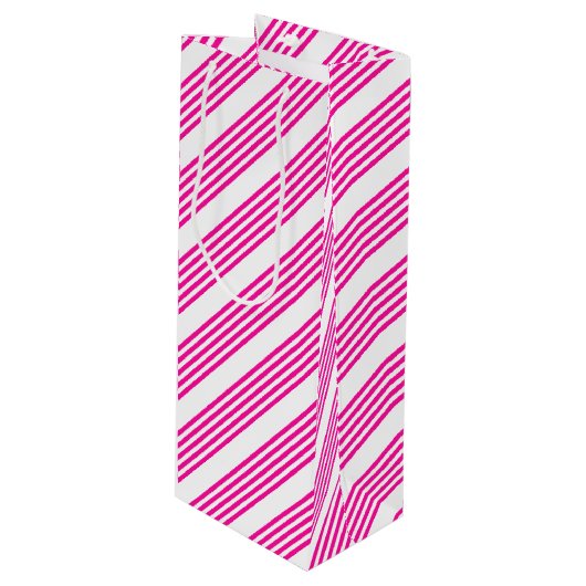 Fuchsien und weiße fünf Streifen Muster Geschenktüte Für Weinflaschen (Vorderseite Schrägansicht)
